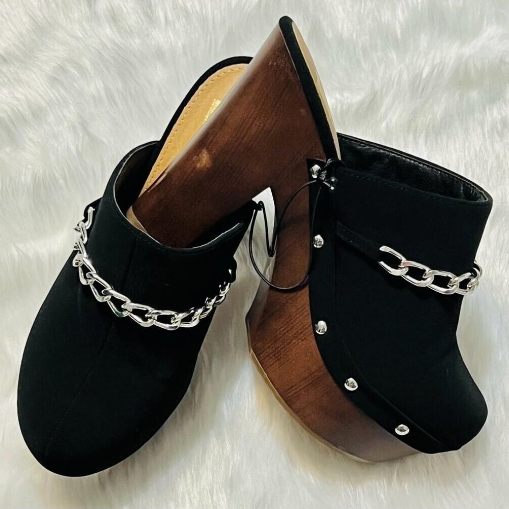 Black Suede Platform Mules Silver Chain